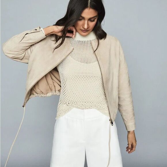 Reiss Solene Suede Bomber Jacket L Cream Tan Leather Zip-Up Designer Outerwear - Picture 2 of 9